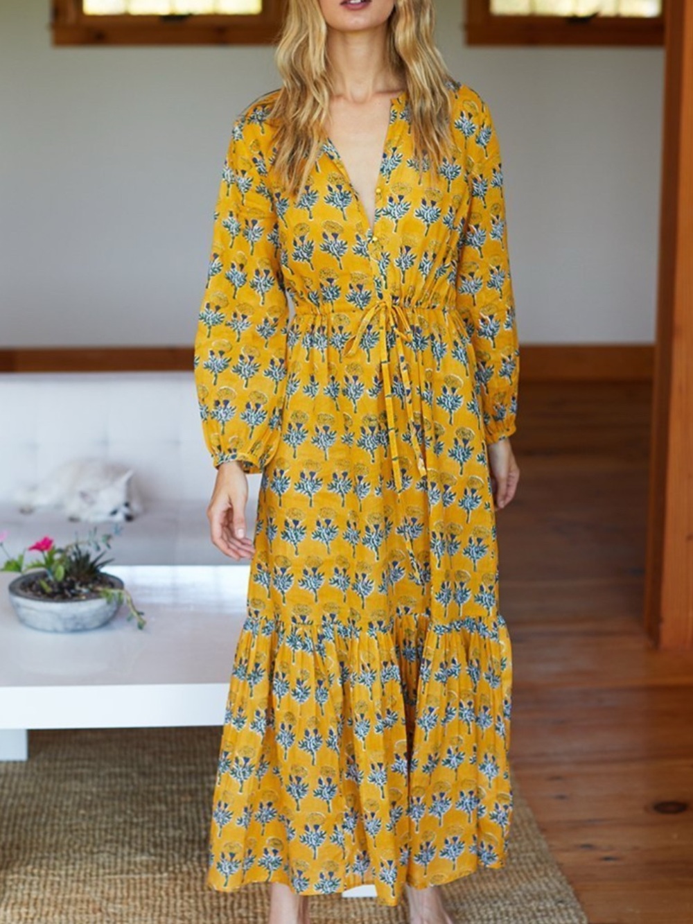 Emerson Fry Frances Dress Marigolds Yellow Block Print Size Medium